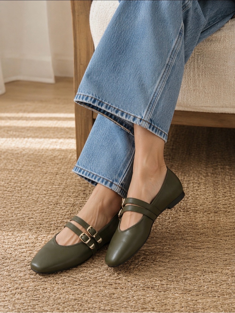Tahari leather Olive green Double-Strap Mary Jane ballet Flats gold buckles 9